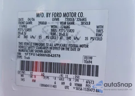 2006 Ford F-150 Fx4/Lariat/Xl/Xlt from USA, damaged, VIN 1FTPX14566NB42578